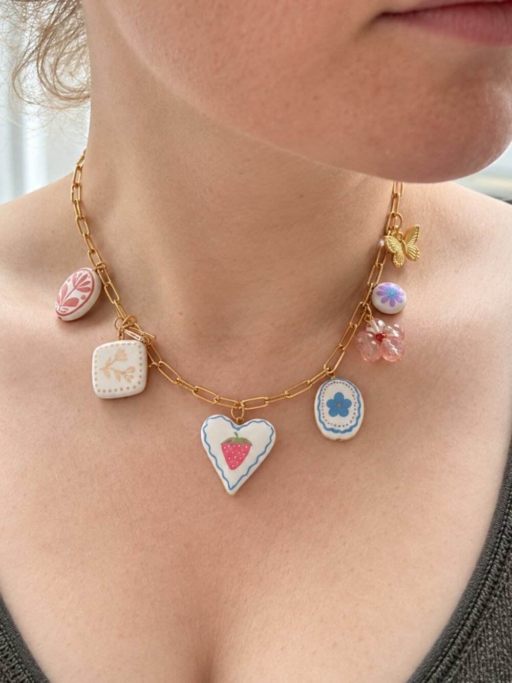 Handmade Whimsical Charm Necklace | Gold Paperclip Chain | Cottagecore Vintage